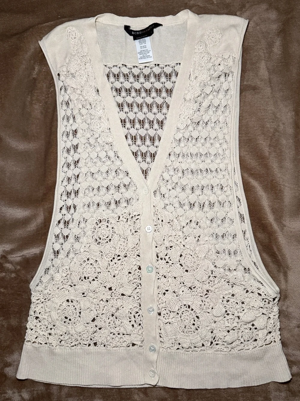 BCBGMaxAzria Boho Cream Crochet Lace Sleeveless Vest Silk Linen Size L
